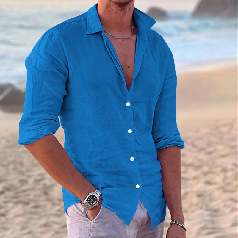 Cross-border explosive men\'s solid color shirt Fashion trend beach casual cotton linen slim-fit shirt