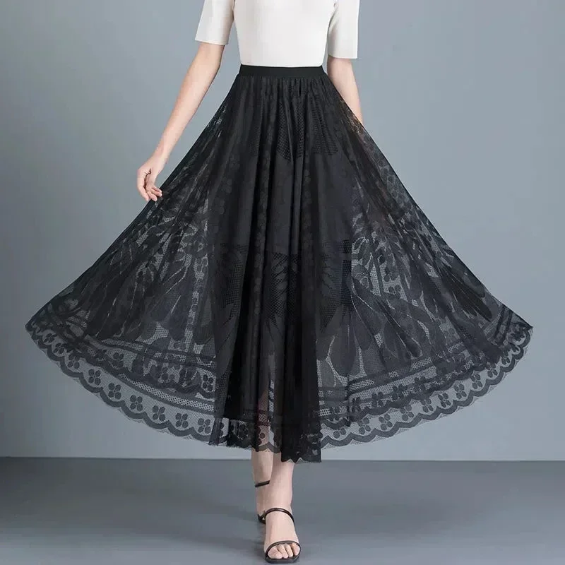 

2024 Elegant High Waist Lace Skirt Women'S New A-Word Long Skirt Office Ladies Big Swing Gauze Hollow Pleated Skirt Streetwear