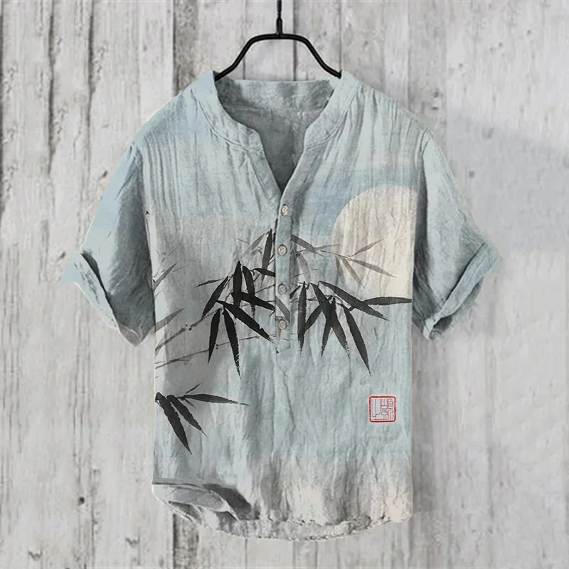 Men\'s Retro Hawaiian Art Print Wave Series 3D Digital Printing Casual Loose Short Sleeve Three-Breasted Shirt Linen 100%