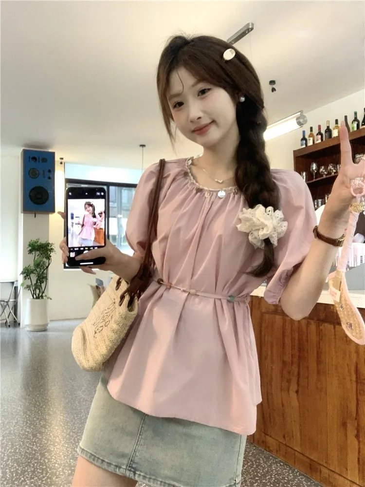 

Изящная женская летняя блузка с короткими рукавами-фонариками, приталенная, в корейском стиле, для повседневной носки, для молодых девушек