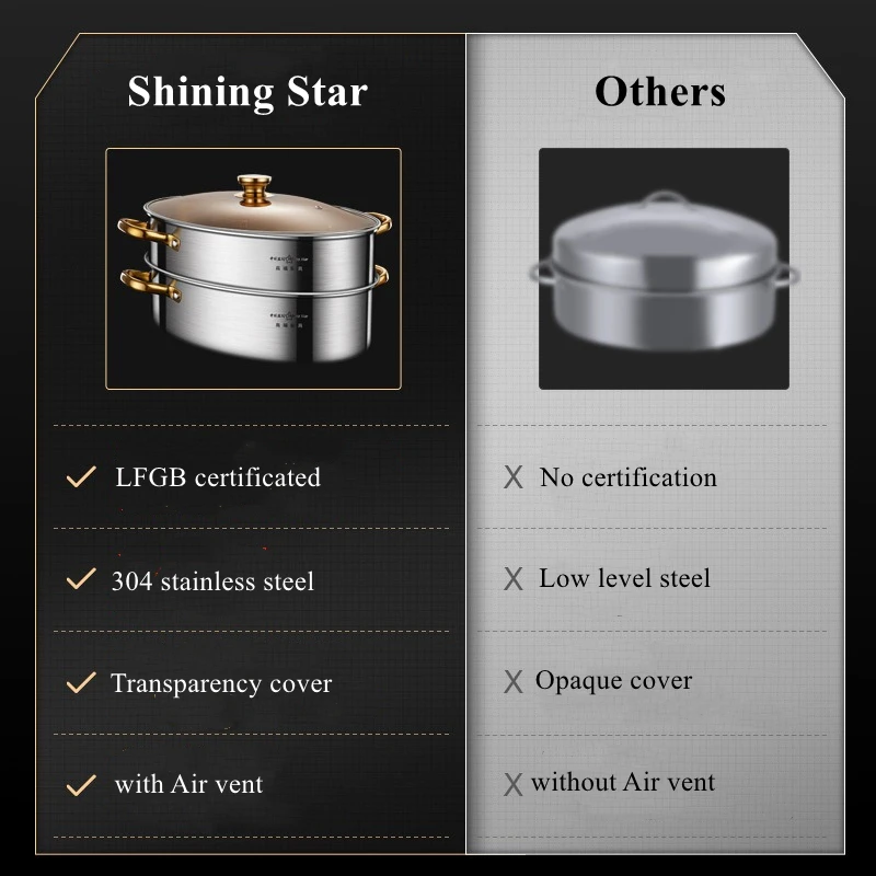 LFGB Certificate 304 Stainless Steel Fish Steamer 2 Layers 38cm Family Kitchen Steaming Pot Bolier with Transparency Cover