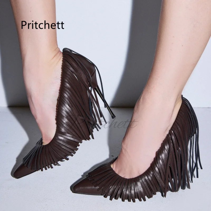Pointed Toe Tassels Pumps for Women Leather Slip-On Solid Color Thin High Heels Fashion Elegant Fringe Party Dress Shoes