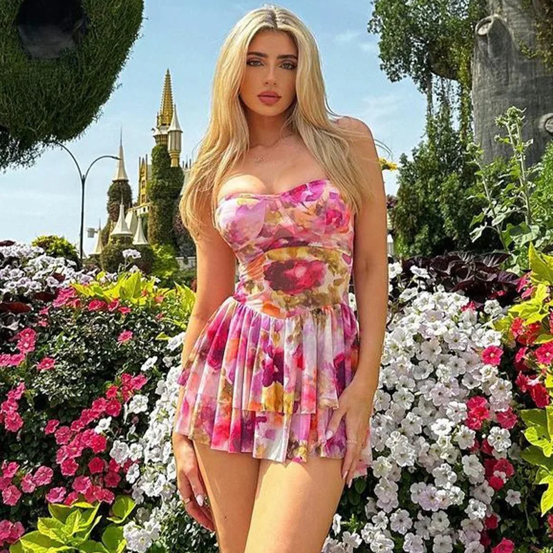 Summer Women Sexy Y2K Print Flower Spaghetti Shoulder Strap Mini Dress Graphic Evening Birthday Party Clubwear Sundress Vestidos