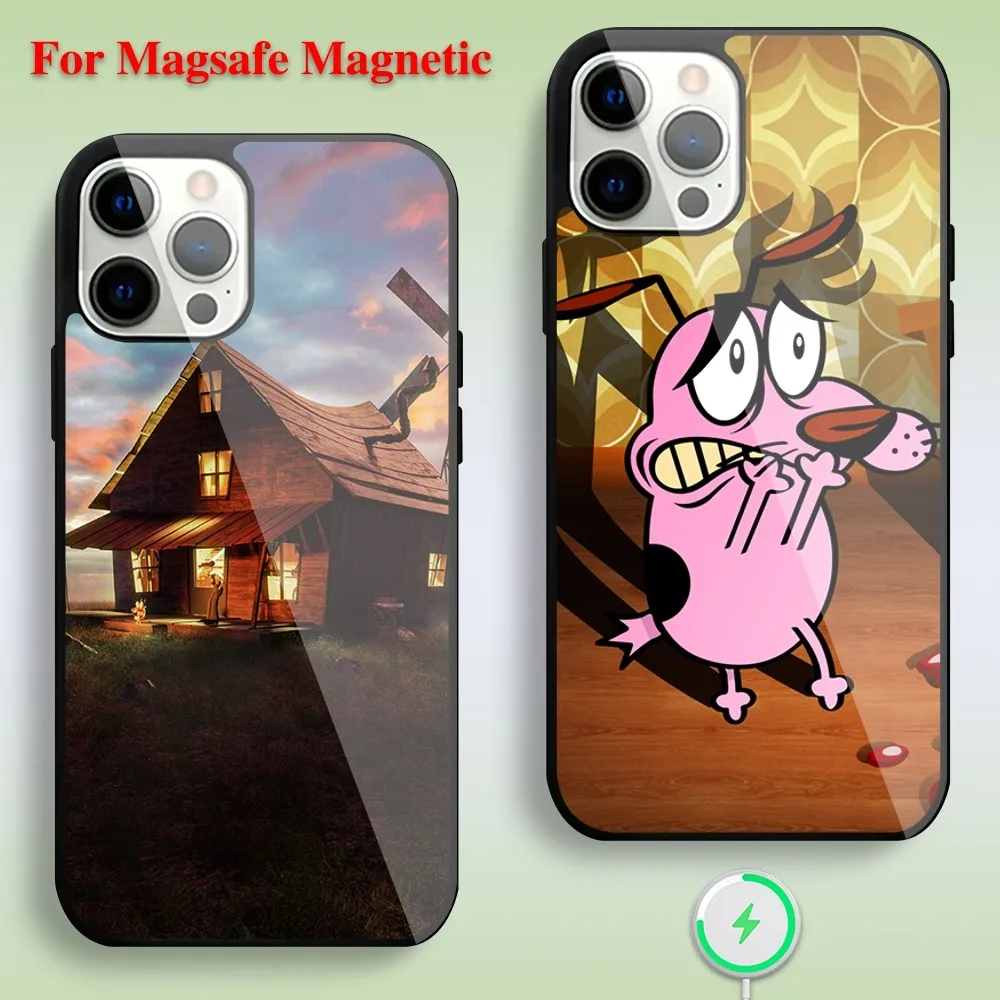 Cartoon Dog C-Courage Cowardly Phone Case For iPhone 11 12 13 14 15 Max Plus Pro Wireless Magnetic Glass Magsafe Charging Shell