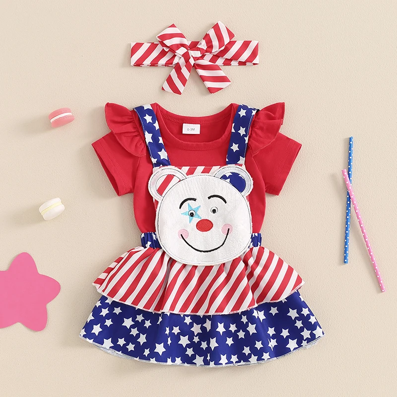 

Infant Girl 4th Of July Dress Ruffle Short Sleeve Romper American Flag Suspender Skirt Overall Headband Summer Set