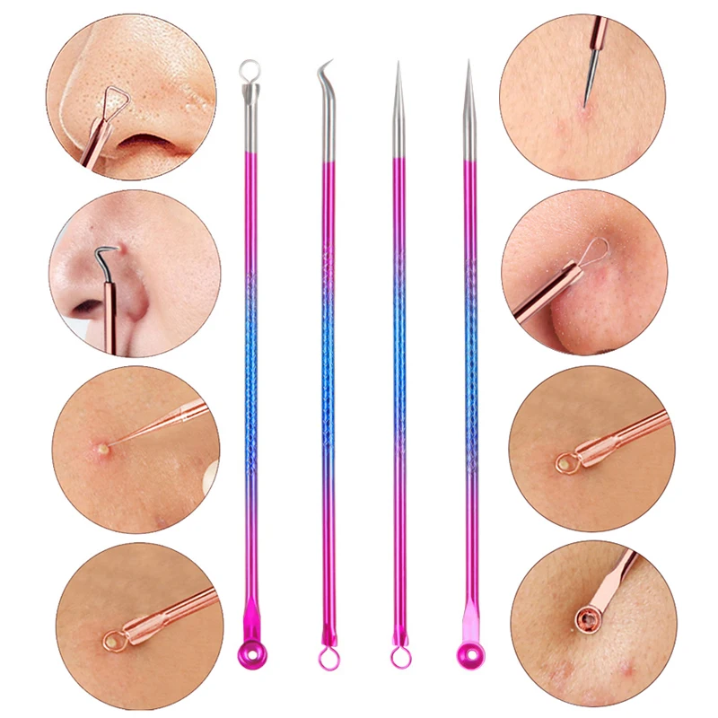 4PCS Acne Blackhead Comedone Black Spot Pimple Blemish Remover Skin Care Women Beauty Acne Treatment Pore Cleanser Needle Hook