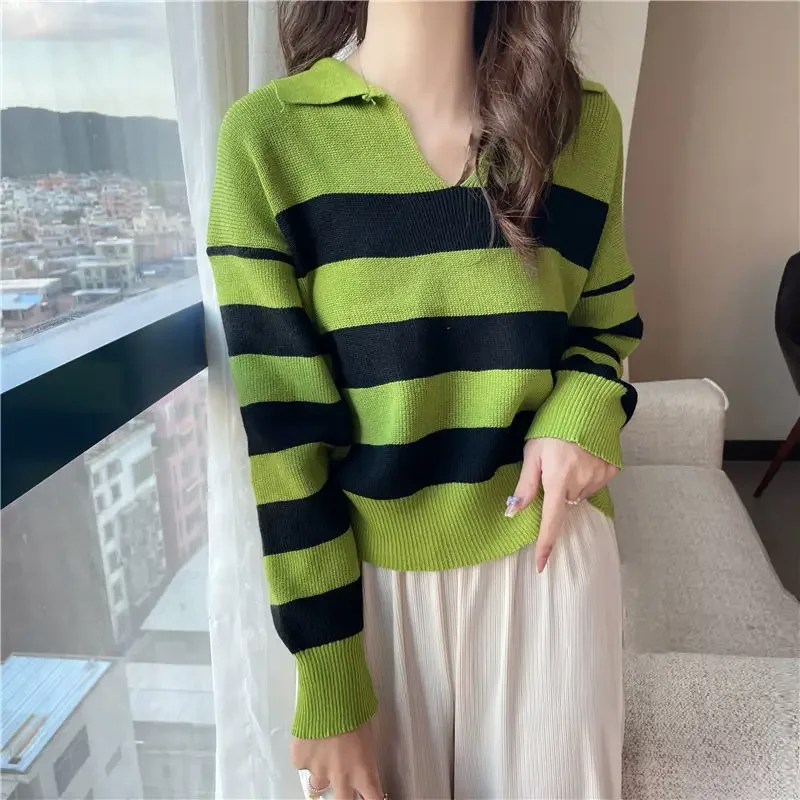 بلوفرات نسائية مخططة بتصميم نحيف ورقبة على شكل حرف v قماش حياكة على الطراز الكوري أنثى كل مباراة بسيطة موضة جديدة ربيع الخريف غير رسمية