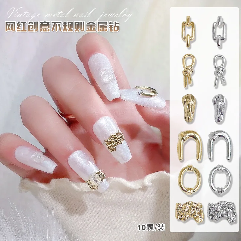 10pcs Irregular Nail Rhinestones Gold/Silver Alloy Rivet Shape Decor Parts 3D Popular Nail Accessories