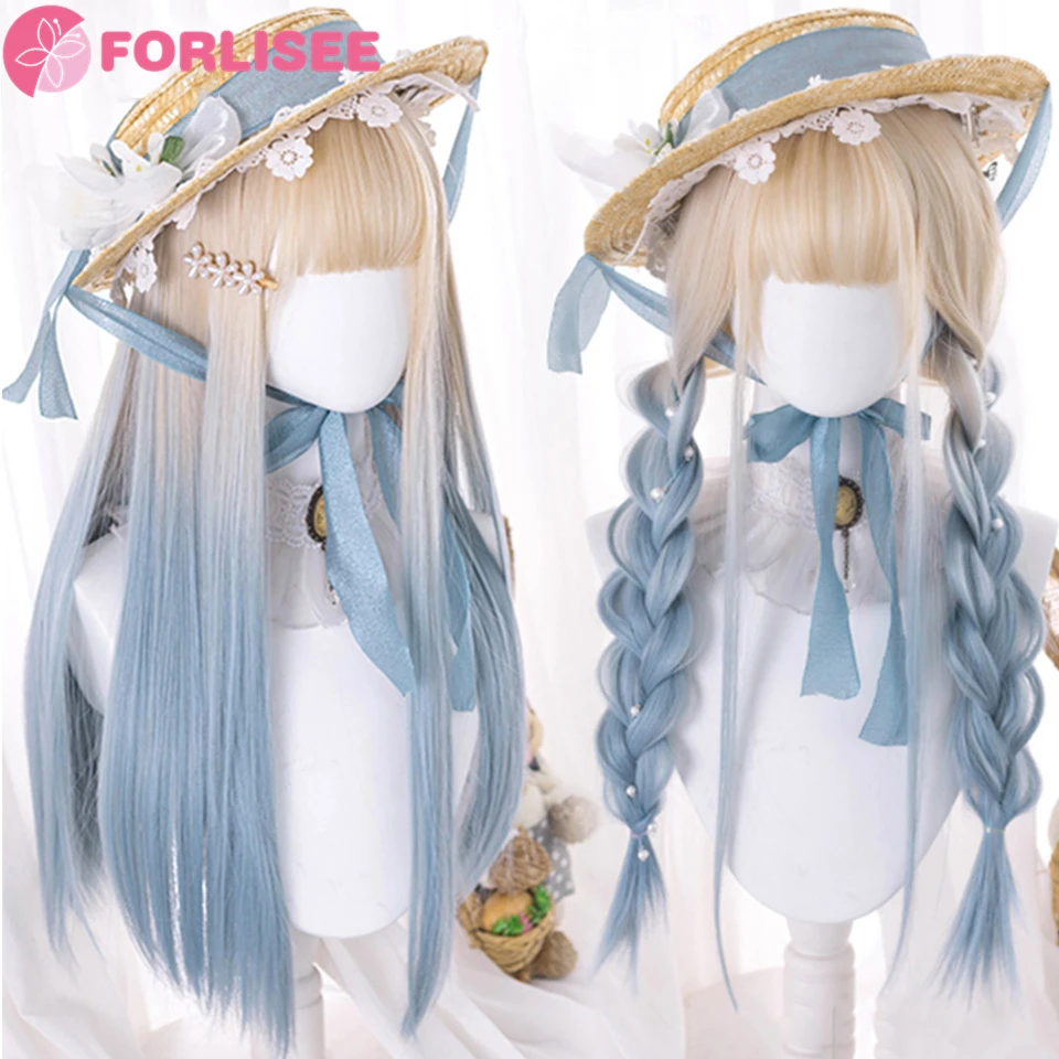 

FOR Synthetic Hair Wigs for Women Long Straight Lolita Cosplay Wigs With Bangs Ombre Sky Blue Heat Resistant Fiber Daily Party