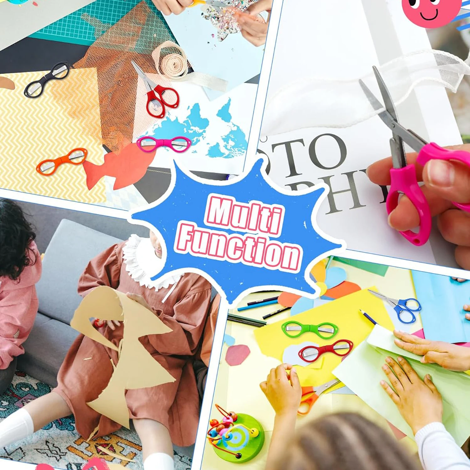 12Pcs Simple Portable FoldingScissors Solid Color Glasses Shape Paper Cutters Students Handmade DIY Tools School Office Supplies