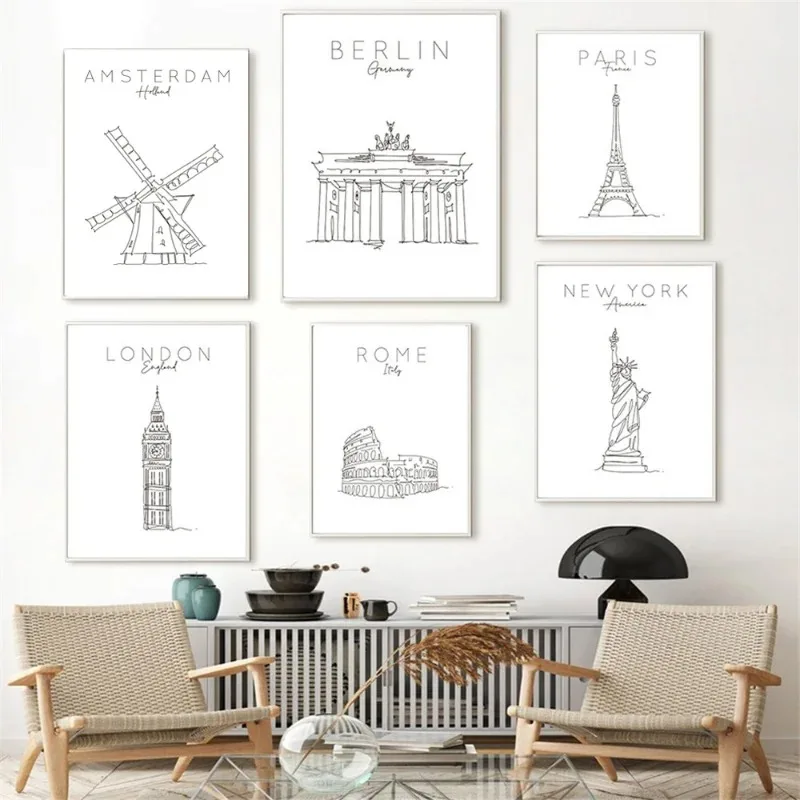 World City London New York Paris Line Drawing Poster Nordic Art Print Black White Painting Canvas Minimalist Picture Home Decor