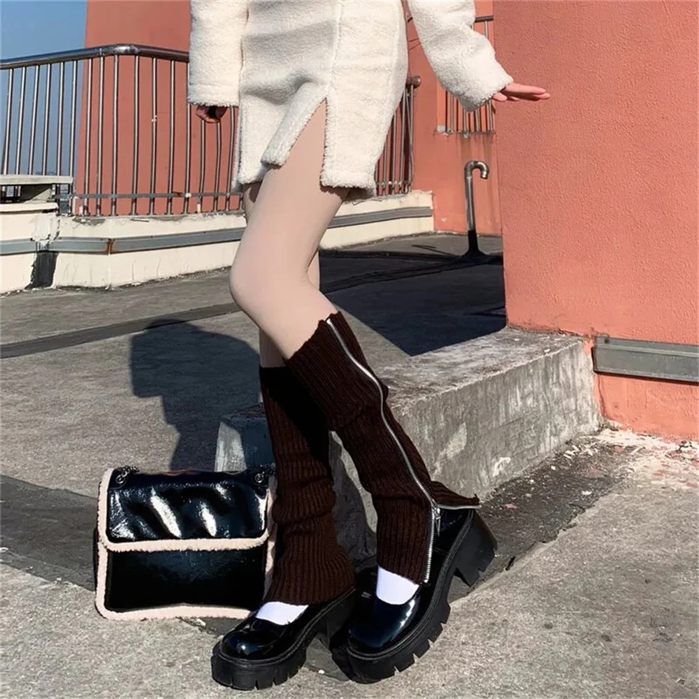 Hot Girls Woolen Pile Sock Autumn Winter Women Y2K Long-tube Foot Covers Warmth All-match JK Leggings Knitted Zipper Leg Warmers