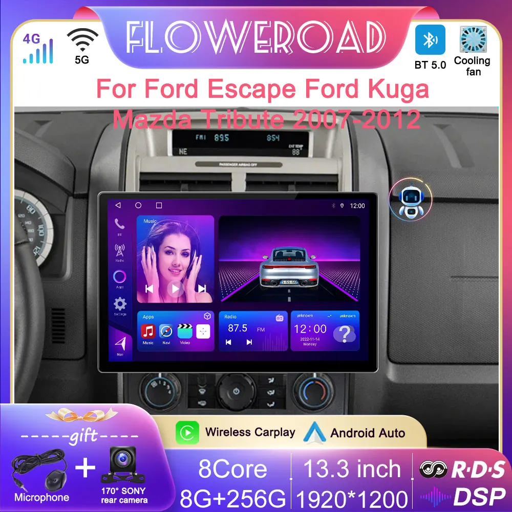 

13,3 дюймовый Android 12 для Ford Escape 2007-2012 для Ford Kuga для Mazda Tribute 2007-2012 Автомобильный видео мультимедийный плеер GPS Carplay