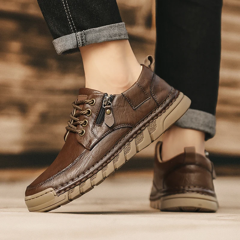 

2025 new plus size men's casual shoes, thick soled leather shoes, hand sewn loafers, fashionable men's shoes