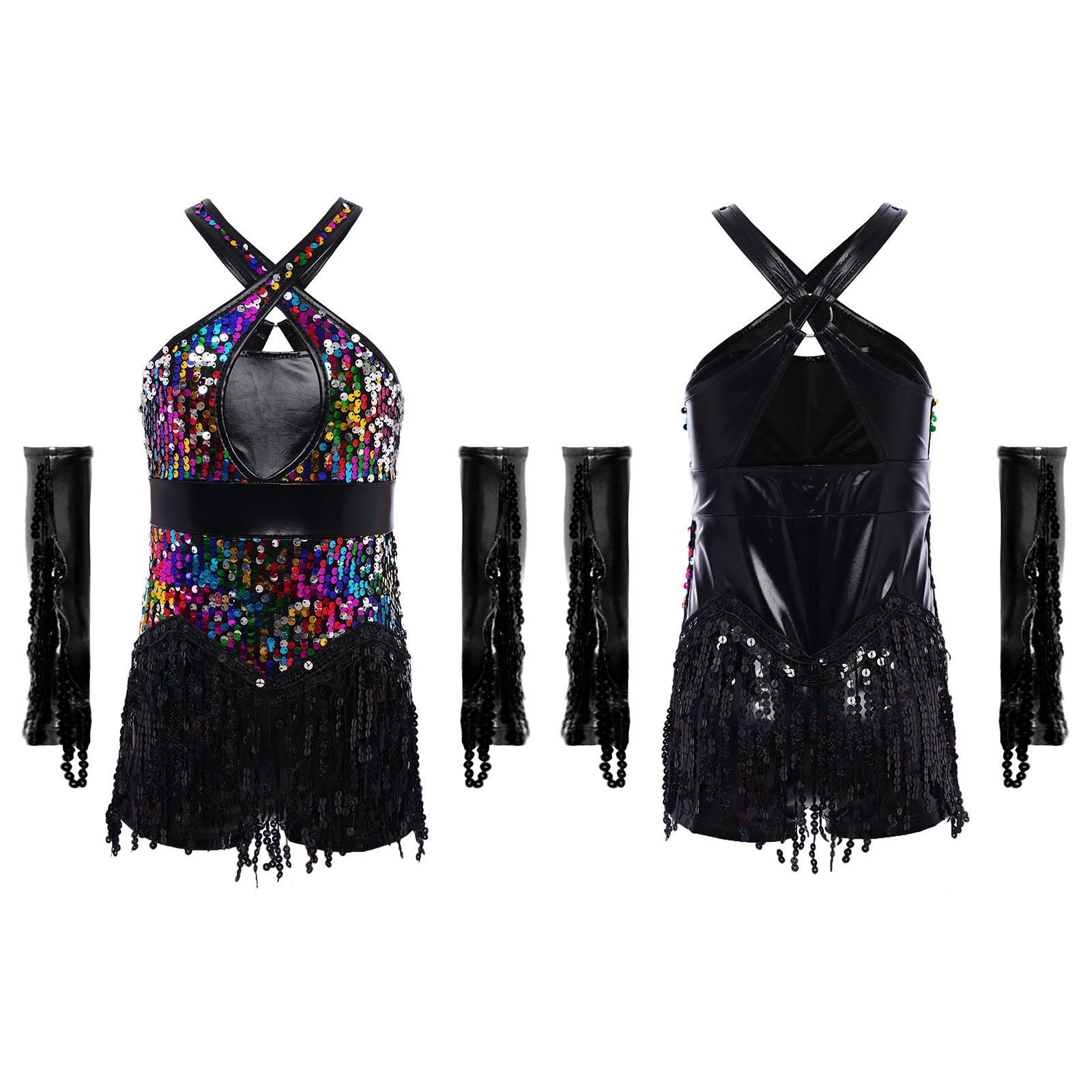 キッズガール体操ラテンジャズダンス衣装フィギュアスケートチャチャダンスパフォーマンスセットスパンコールタッセルレオタード+手袋セット