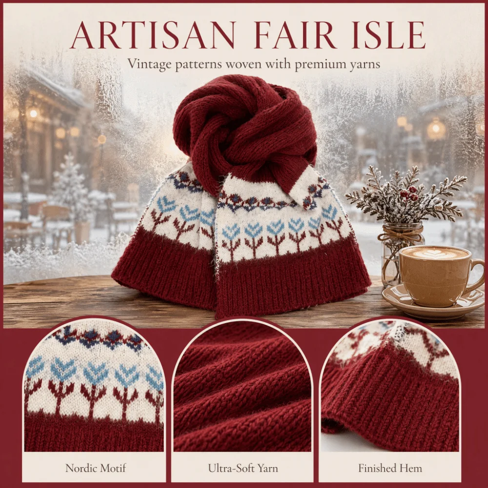 Elegant Wool Jacquard Knitted Scarf Floral Thickened Winter Cashmere Scarves Plush Thicken Fair Isle Style Shawl Girl