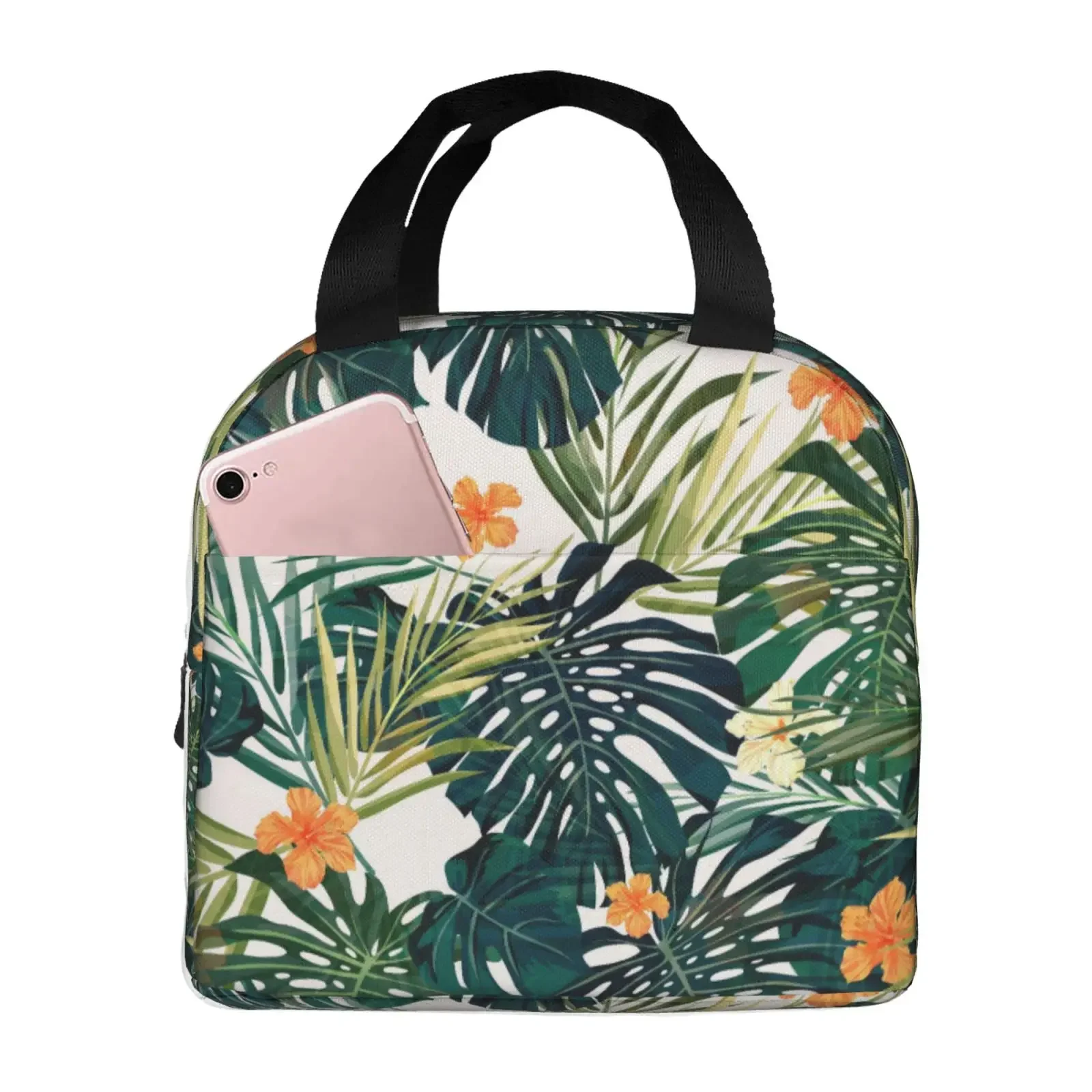 Tropical Palm Leaves Pattern Lunch Bag For Girls Funny Lunch Box Fun Picnic Cooler Bag Portable Zipper Oxford Thermal Lunch Bags
