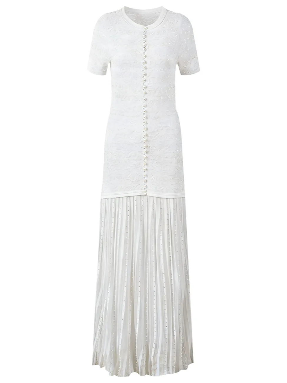 Damesjurk van kantjacquard gebreid met parelversiering, ronde hals, enkelrijig, geplooide stiksels, elegante damesjurk - afbeelding 1