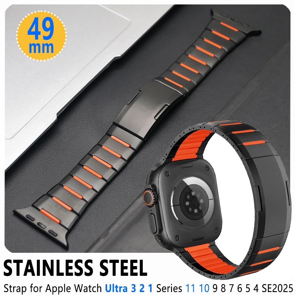 

Ремешок из нержавеющей стали для Apple Watch Ultra 3 2 49 мм, Series 11 10 46 мм, Ultimate Rubber Strap для IWatch 9 8 7 6 5 4 SE3 45 мм 44 мм