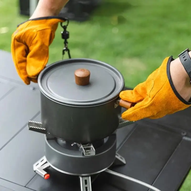 Heat Resistant Cowhide Leather BBQ Gloves Non Slip Grilling Mitts For Camping Fishing Welding Use