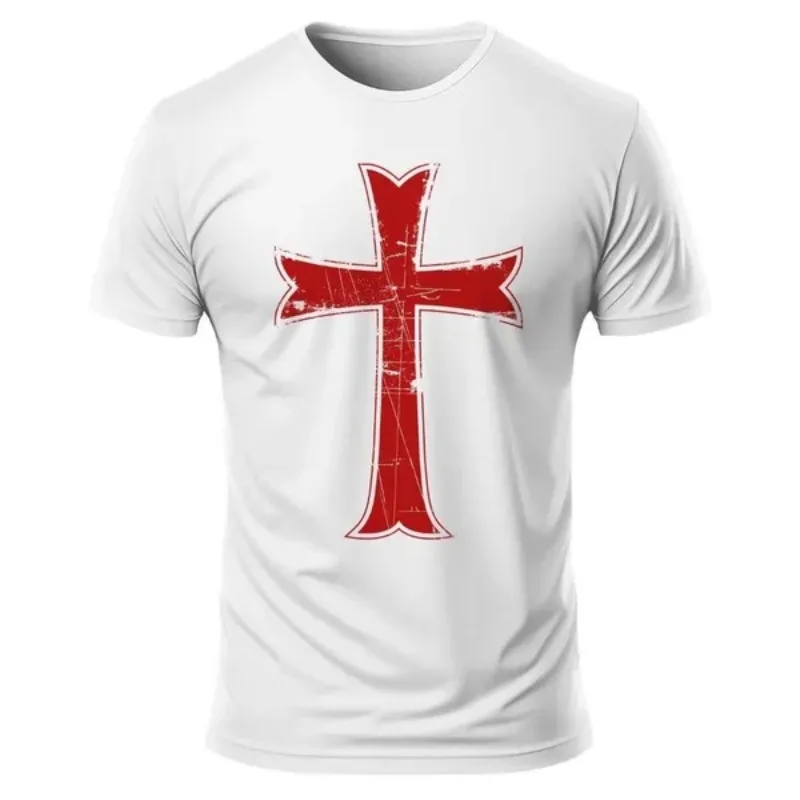 Crusader Cruz Roja Caballeros Templarios Fe Cristiana Camiseta Gráfica Manga Corta Cuello Redondo Top Religioso Camiseta Casual para Hombres