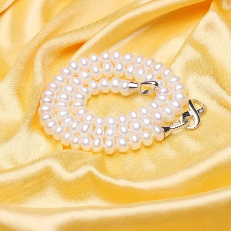 

8-9MM Bread Round Freshwater Pearl Necklaces 45cm Length 925 Sterling Silver 8-character buckle Necklaces for Women Jewelry Gift