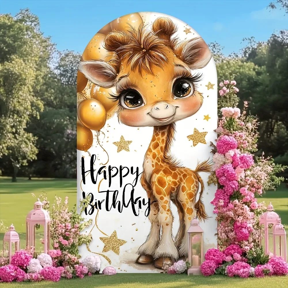 

Custom 2-sided Cute Giraffe Background for Happy Birthday Golden Balloons Stars Newborn Girl Birthday Cake Table Arch Backdrop