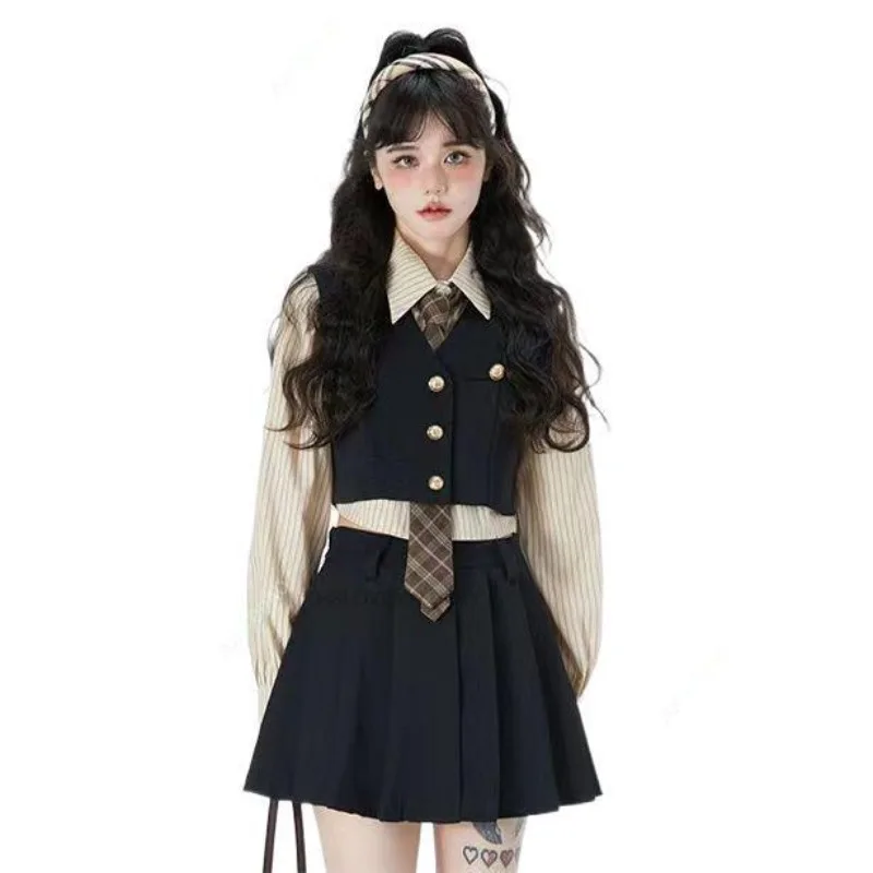 Frühling Sommer neue koreanische Stil Schuluniform Frauen JK Anzug Vintage College-Stil Weste Falten rock Set Mode tägliche Kleidung