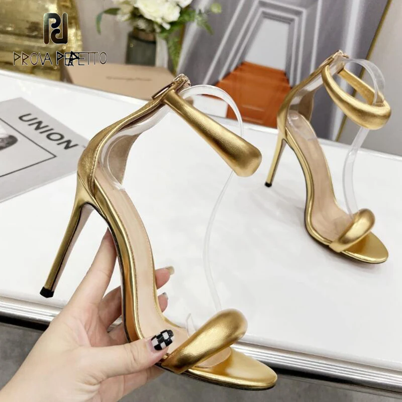 

2023 Summer New Thin Heel Stiletto Open Toe Sandal Shoes for Women Ankle Strap One Word Cool Wedding Shoes Gold Real Leather