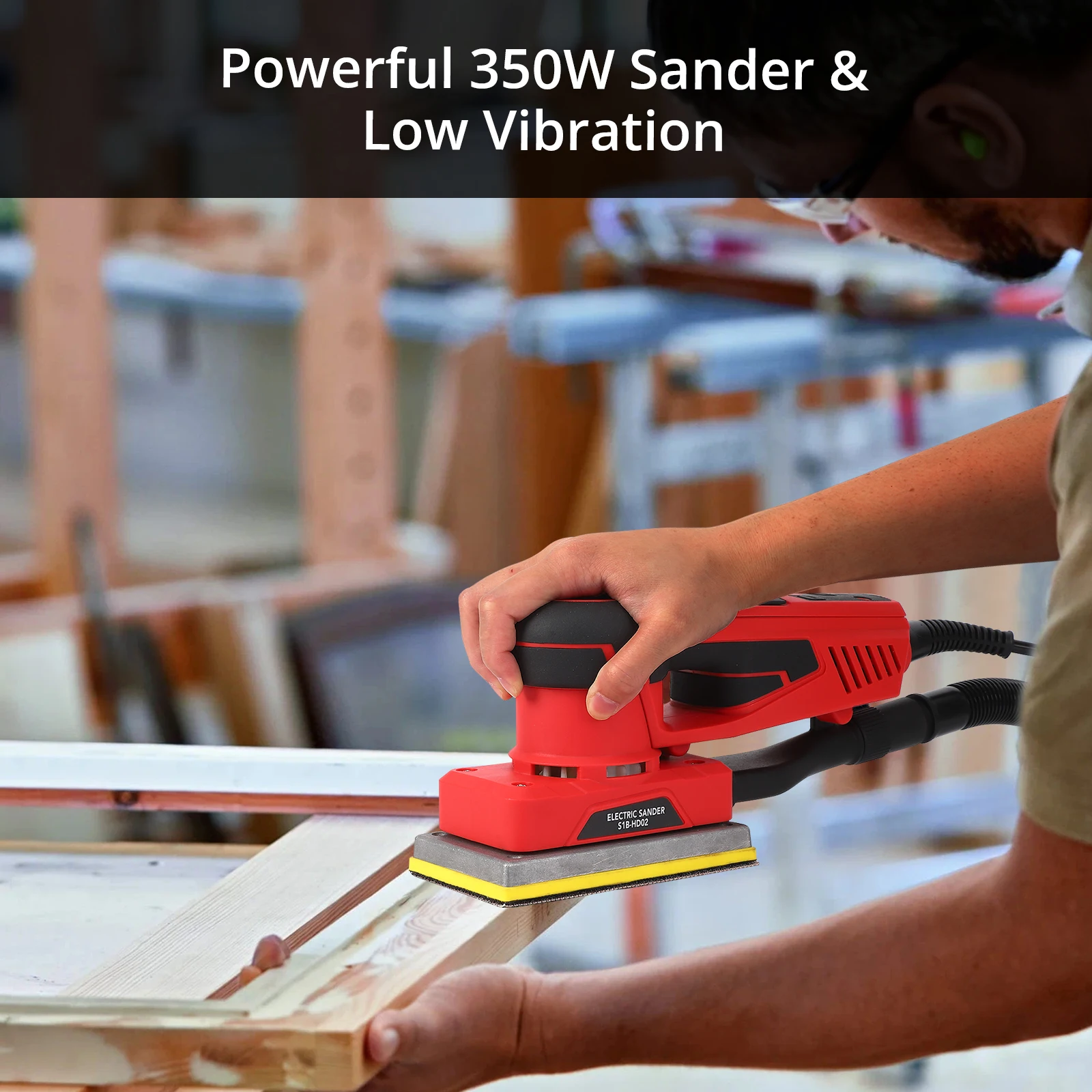 ماكينة صنفرة تشطيب بمحرك بدون فرشاة بقدرة 350 وات، اهتزاز قوي ومنخفض 10000 دورة في الدقيقة مع 12 ورق صنفرة لأعمال الخشب والتلميع