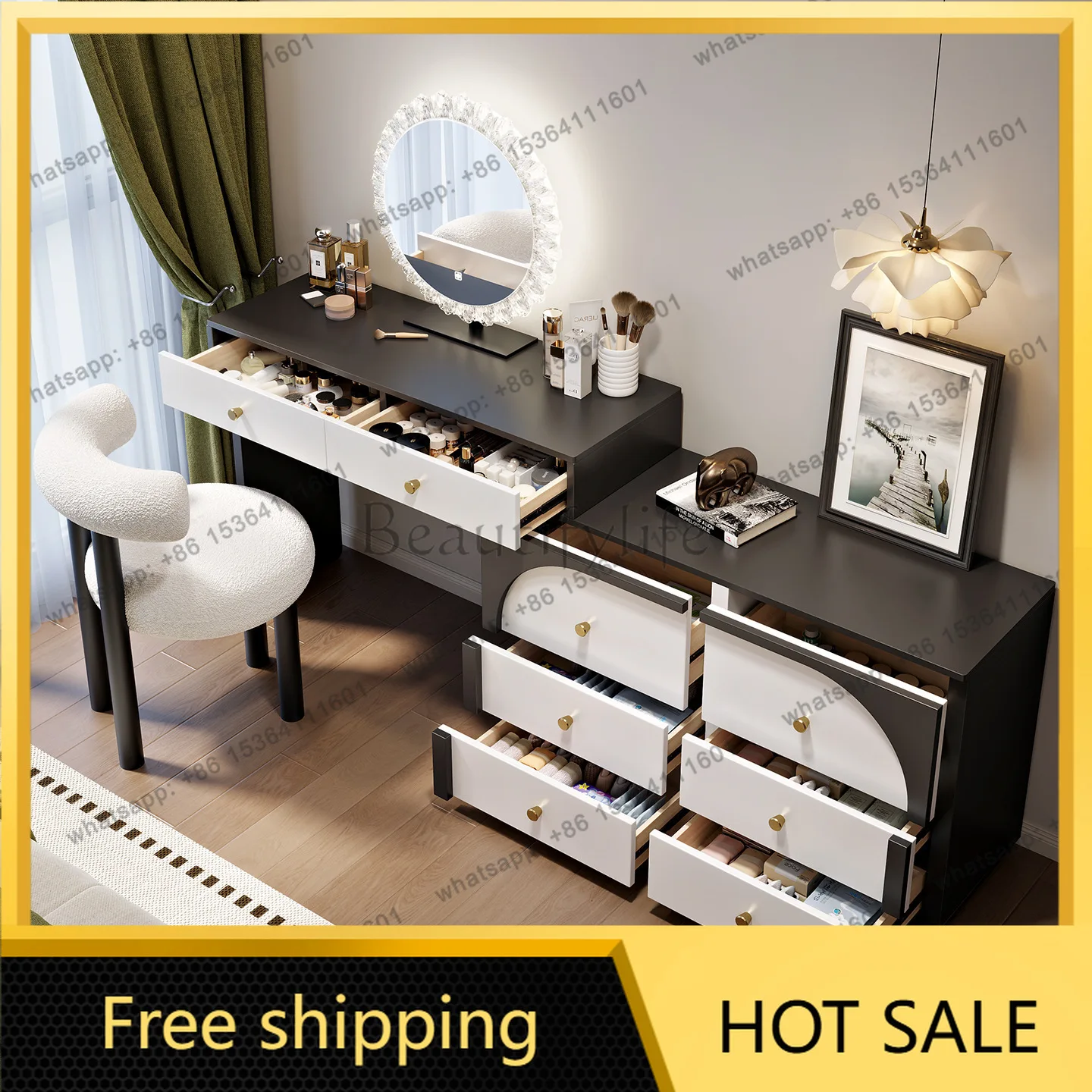 LDFrench Makeup Desk Dresser Bedroom Modern Simple Small Apartment Makeup Table Chest Integrated Storage Cabinet