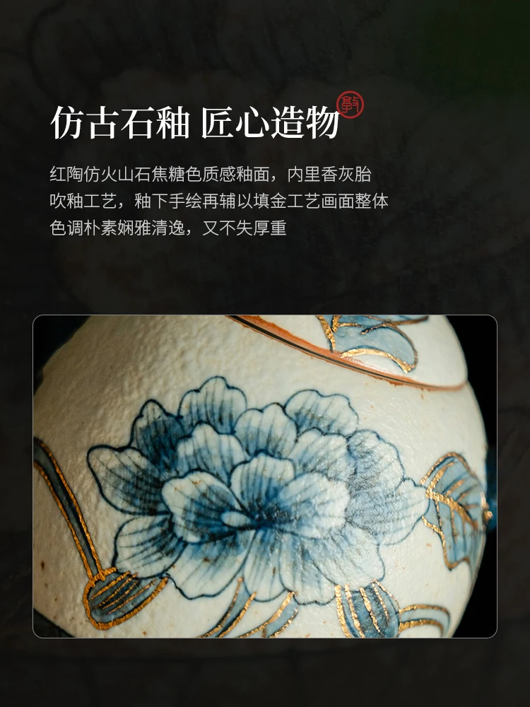 Blue and White Fire Stone Red Ceramic Teapot Creative Decoration Hand Painted Peony High-End Gift Box