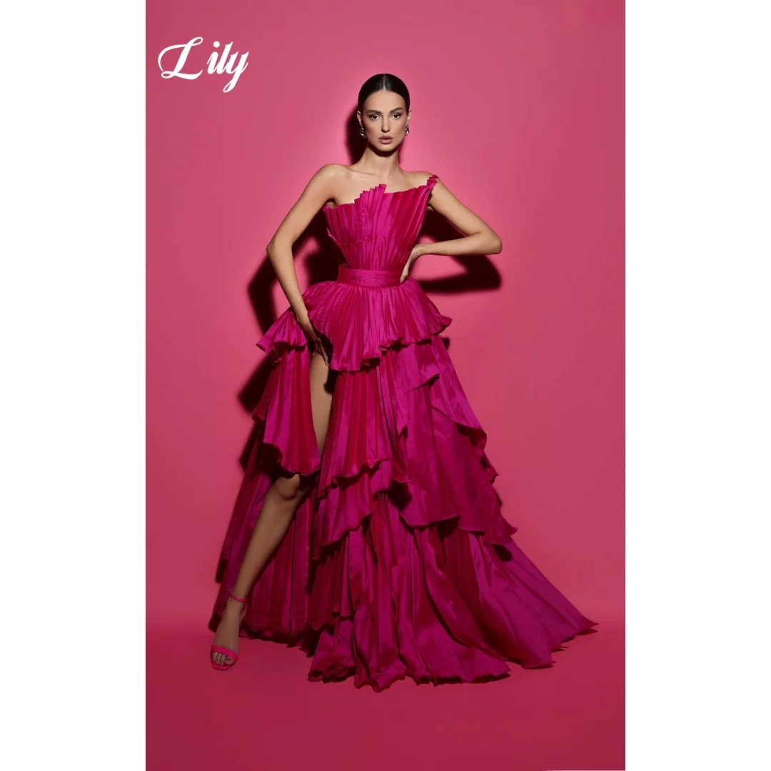 Vestido de Fiesta Elegante Fucsia Lily, Asimétrico, Sin Tirantes, Plisado con Volantes en Capas, Vestido de Noche con Abertura Alta, Personalizado
