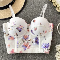 Women Sexy Floral printed Corset Tank Top Nightclub Party Short Chest Binder Camisole Girl Push Up Bustier Lady Bra Lingerie