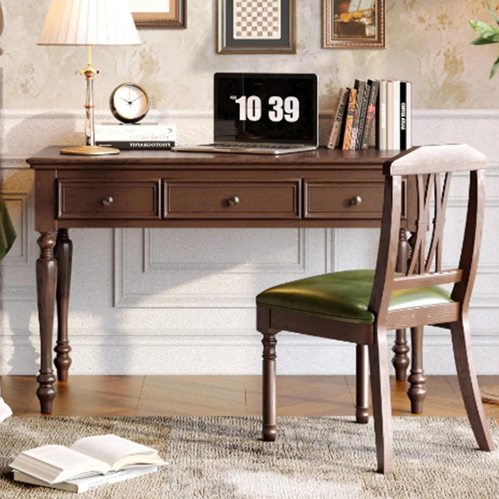 American office workbench log retro drawer writing desk chair
