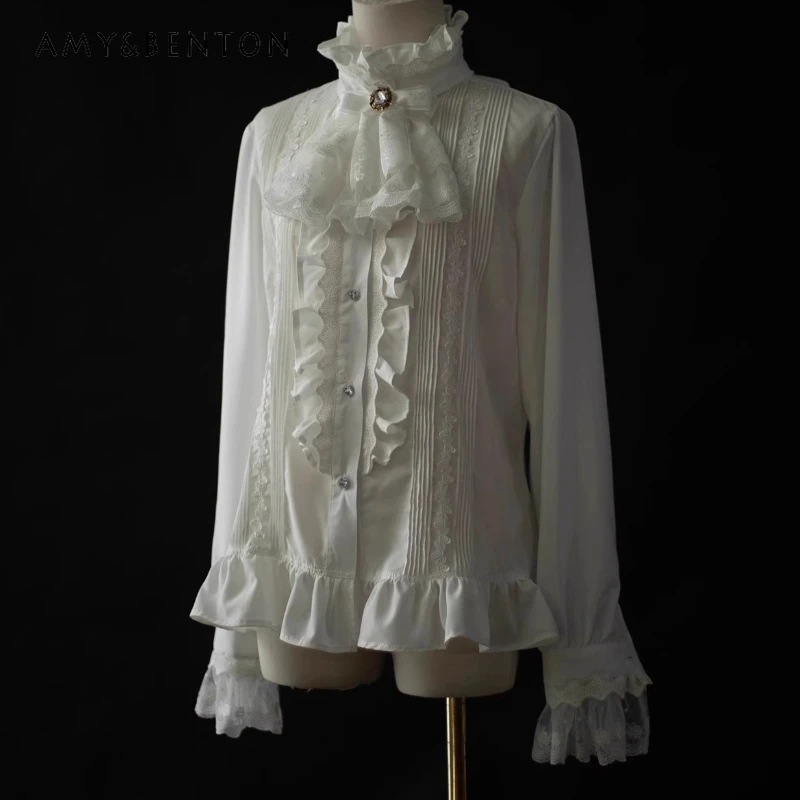 

2025 Autumn New White Lolita Long Sleeve Women's Inner Shirt French Design Sweet Cool Lace Sexy Hollow Out Loose Shirts Ladies