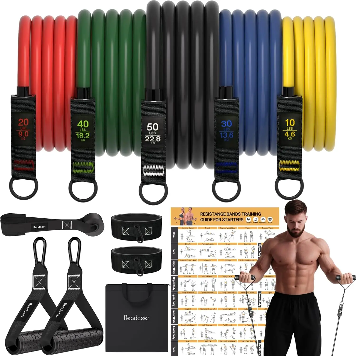 Readaeer Resistance Bands, Exercise Bands for Working Out, Work Out Bands with Handles for Men and Women for Indoor and Outdoor