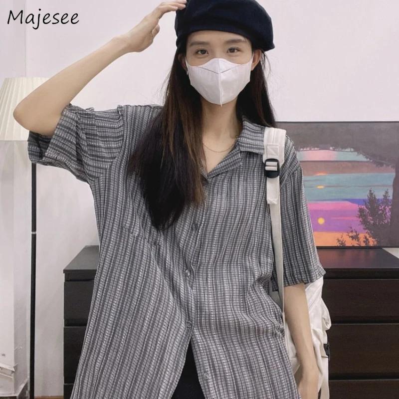 

Shirts Women Striped Casual Japanese Style Vintage All-match Loose Fit Popular Streetwear Daily Students Summer Cozy Couples