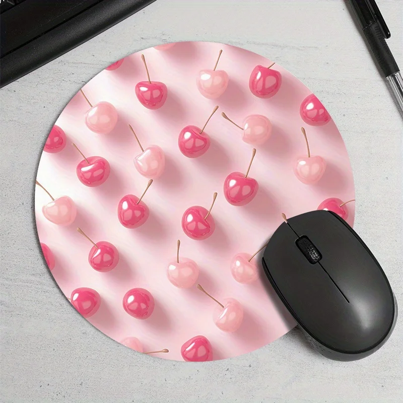 

The pink cherry print mouse pad with a waterproof and anti-slip rubber base is durable and suitable for gamers and office use