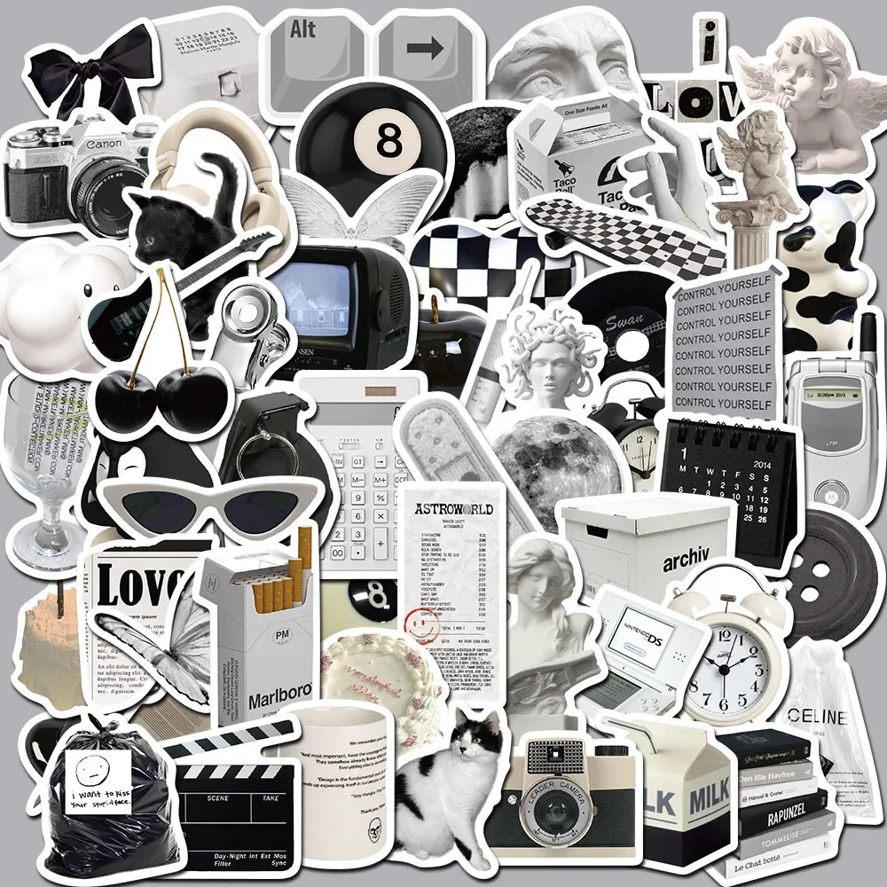 

10/30/60Pcs Retro Black Waterproof Graffiti Sticker Aesthetic Decorative Luggage Laptop Phone Fridge Scrapbook Kids Stickers