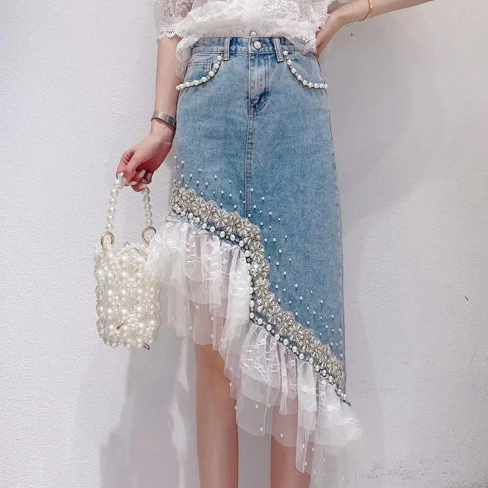 Mesh Lace Spliced Ruffles Diamonds Beaded Denim Skirt Flowers Embroidery Sequins Gauze Ruched Stitching Mid-length Jeans Skirt