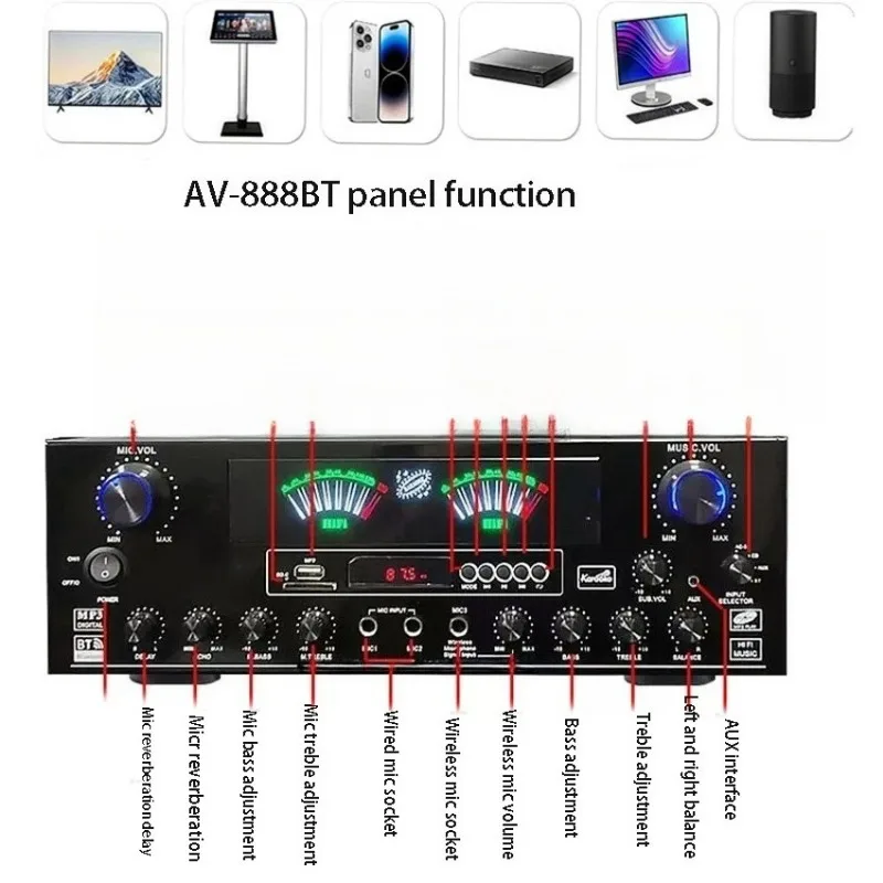 AV-888BT High-power Home Amplifier Bluetooth Professional Stage Audio Home Karaoke Dual Wireless Microphone Amplifier 220V/110V
