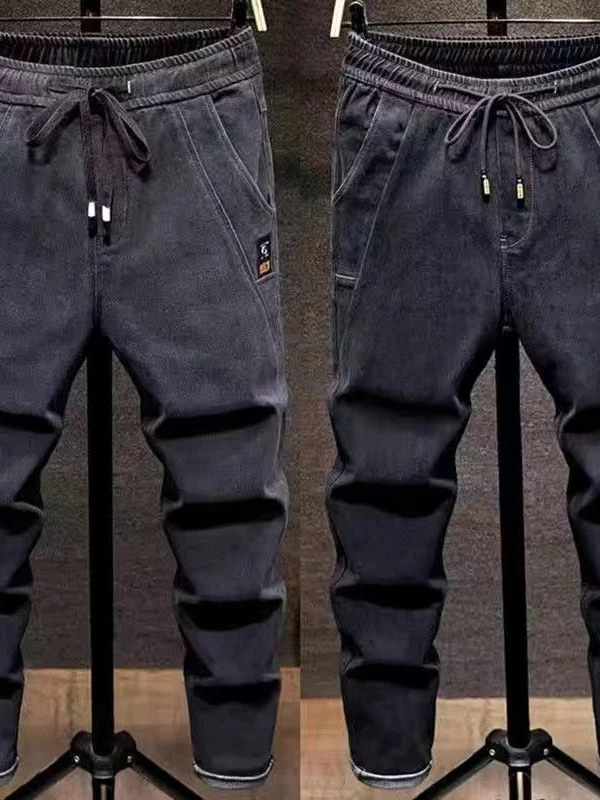 Spring Autumn Elastic Waist Jeans Men Loose Straight Leg Elastic Long Pants Belted Casual Wear Resistant Work Trousers