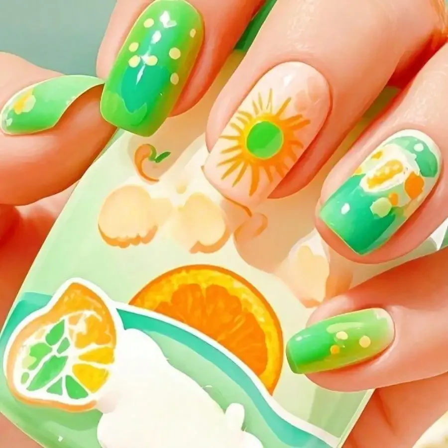 

24Pcs Green Short Sun Fruit Press On Nails, Self-Adhesive Reusable, For Daily Party Vacation