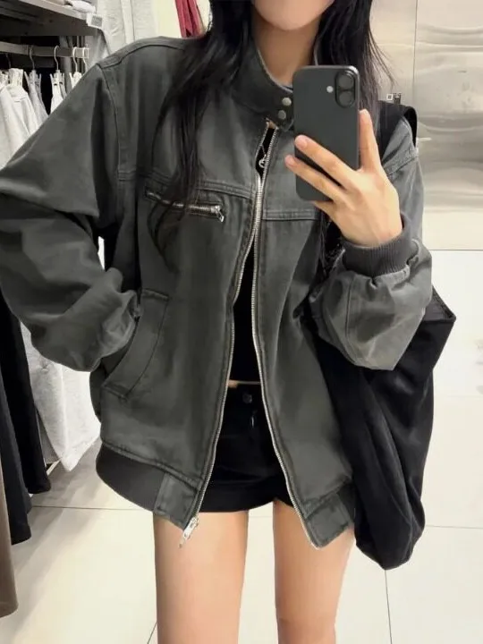 Fashionable Stand Collar Jacket Women's Loose Fit Outerwear Korean Style Spring Autumn Winter Casual Top Streetwear