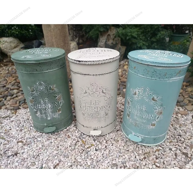 For American Country Vintage Distressed Iron English Letter Round Trash Can