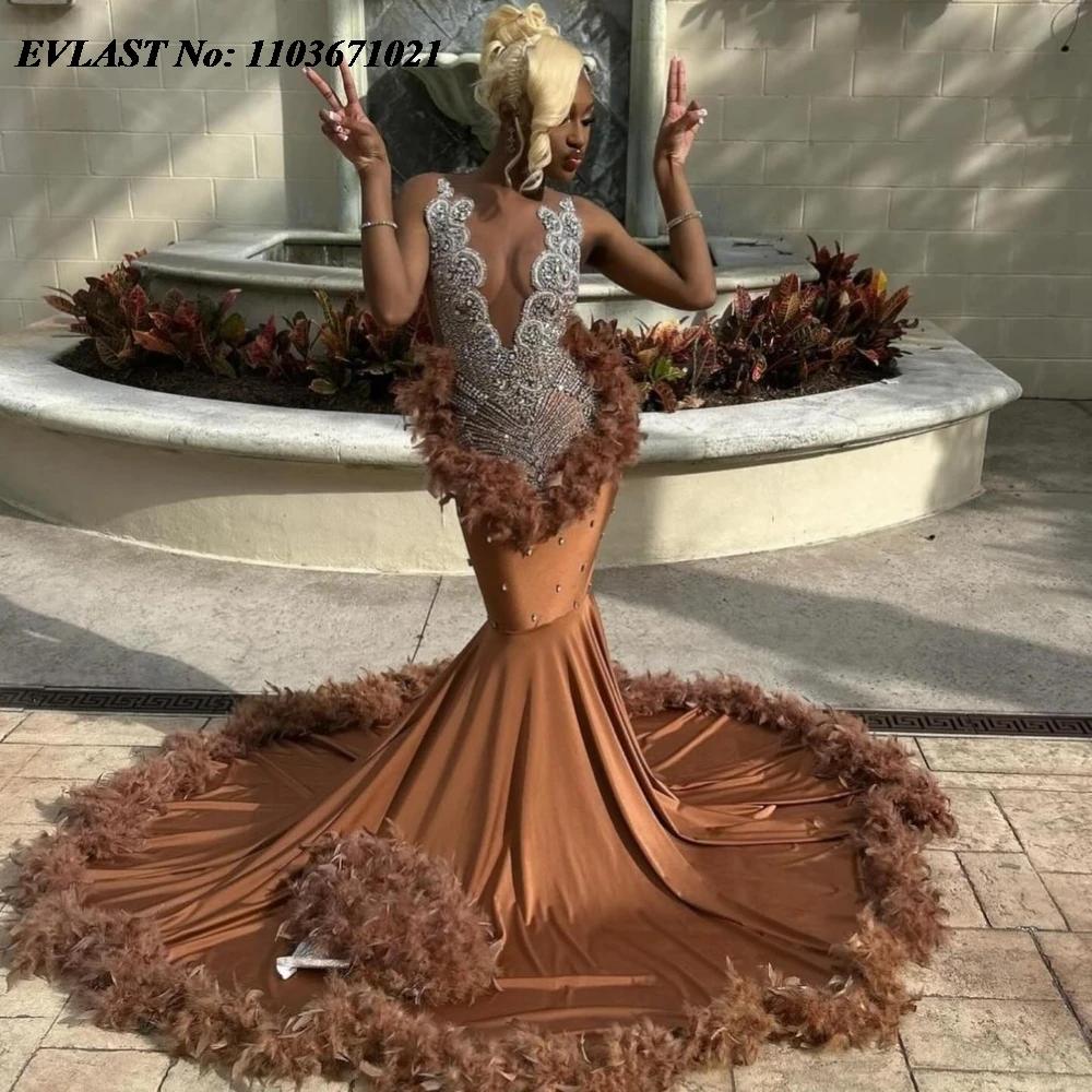 

EVLAST Sparkly Brown Feather Long Prom Dress For Black Girls Silver Crystal Beaded African Party Gala Gown Robes De Soirée P116