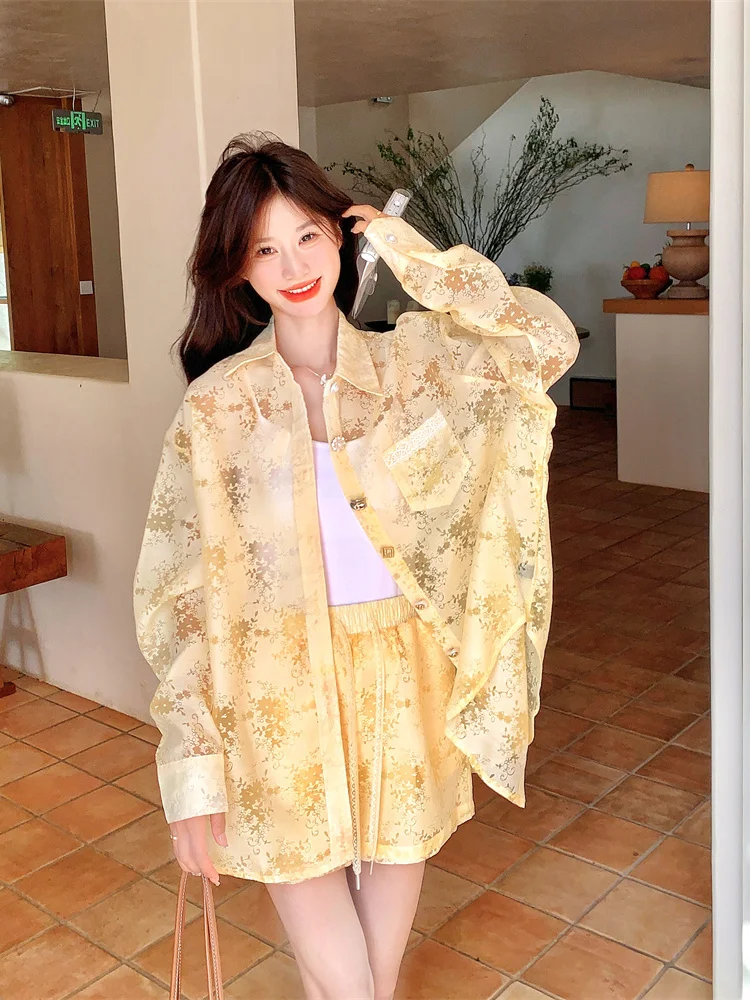 

Lace patchwork yellow long sleeve shirt shorts set women's summer 2025 new style beautiful popular casual two-piece set