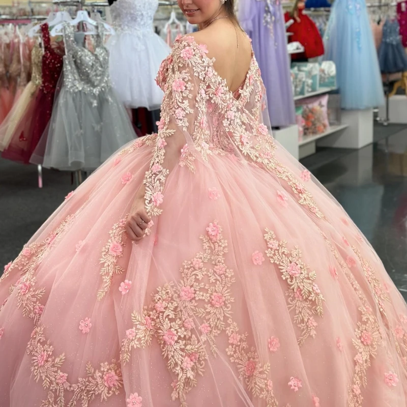 Gaun Quinceanera Glitter Merah Muda Gaun Sweet 15 16 Gaun Pesta Berhias Bunga Korset Renda Applique Tull 2025 Gaun Koktail Prom