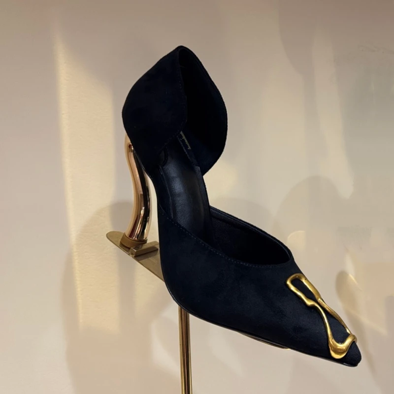 Metal Decor Black Suede Cover Heel Pumps Women Shallow Side Hollow Stiletto High Heels Sexy Pointed Strange Style Party Shoes